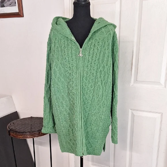 Aran Crafts Zip Cardigan Sweater Womens L Hooded Merino Wool Ireland Cable Knit - Picture 1 of 6